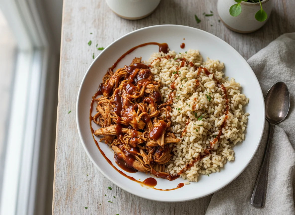 Pulled chicken with brown rice photo