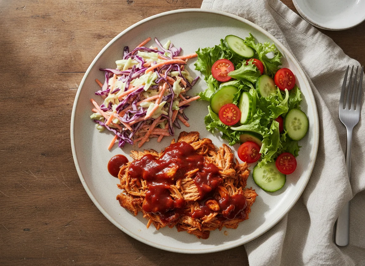 Pulled chicken with coleslaw and side salad photo