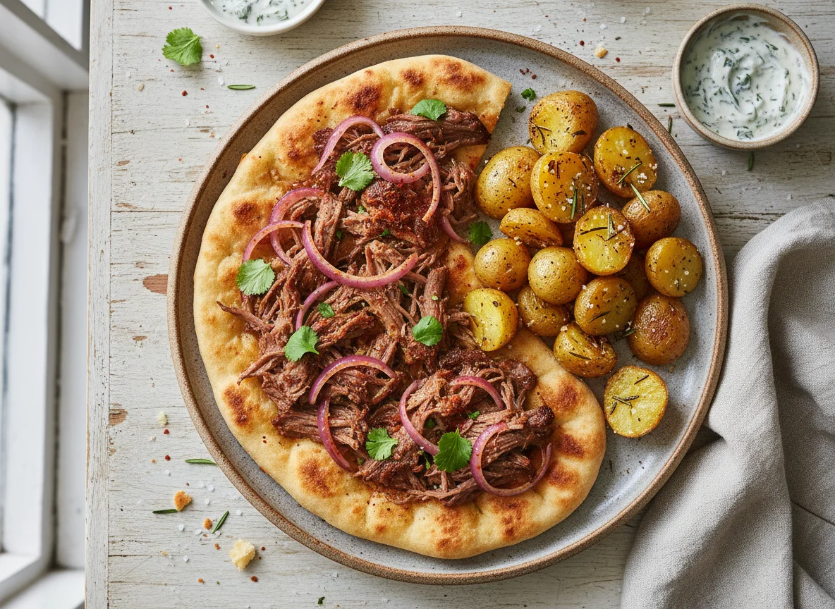 Pulled Meat Flatbread with Roasted Potatoes photo