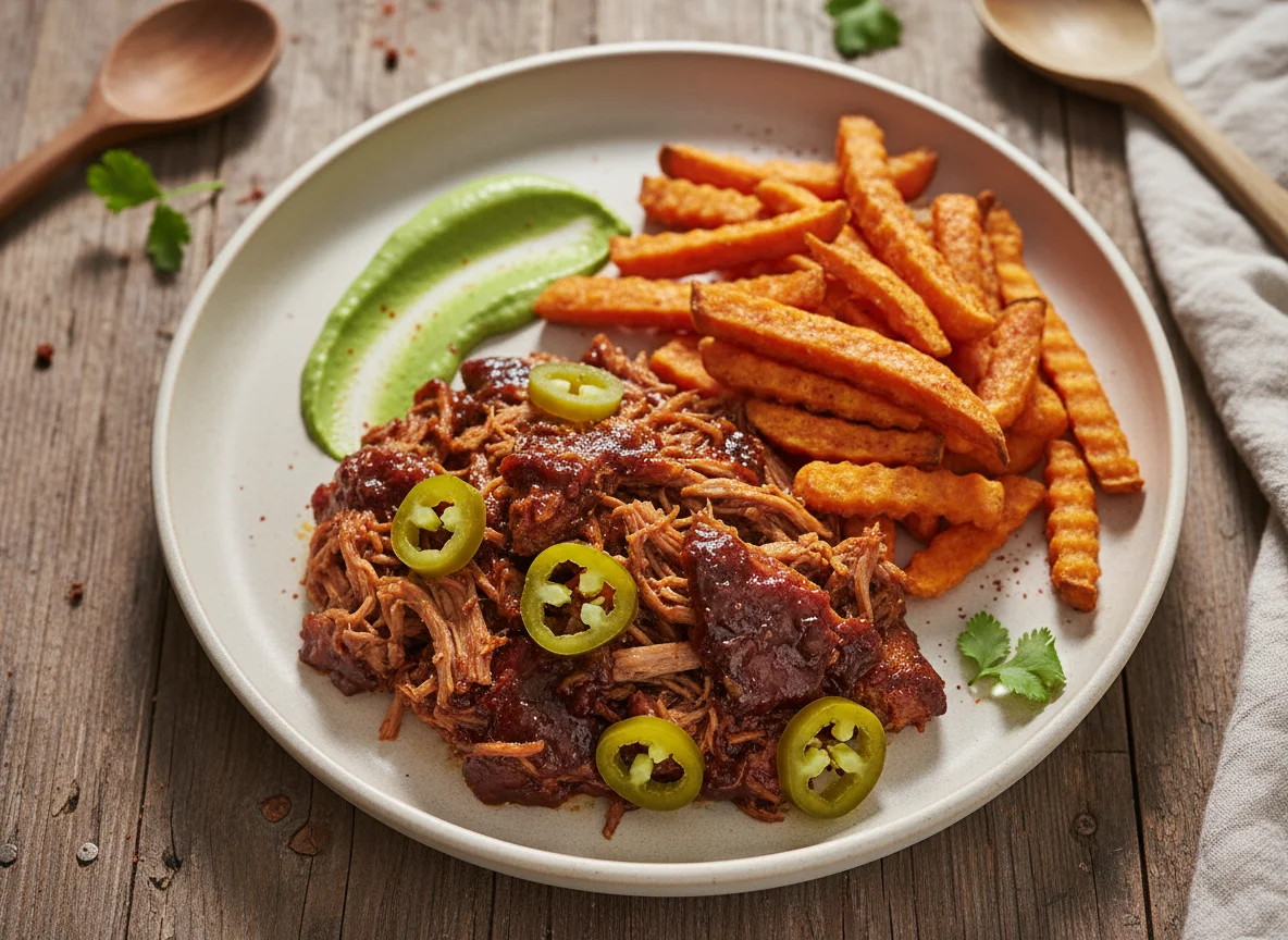 Pulled Meat with Jalapeños and Sweet Potato Fries photo