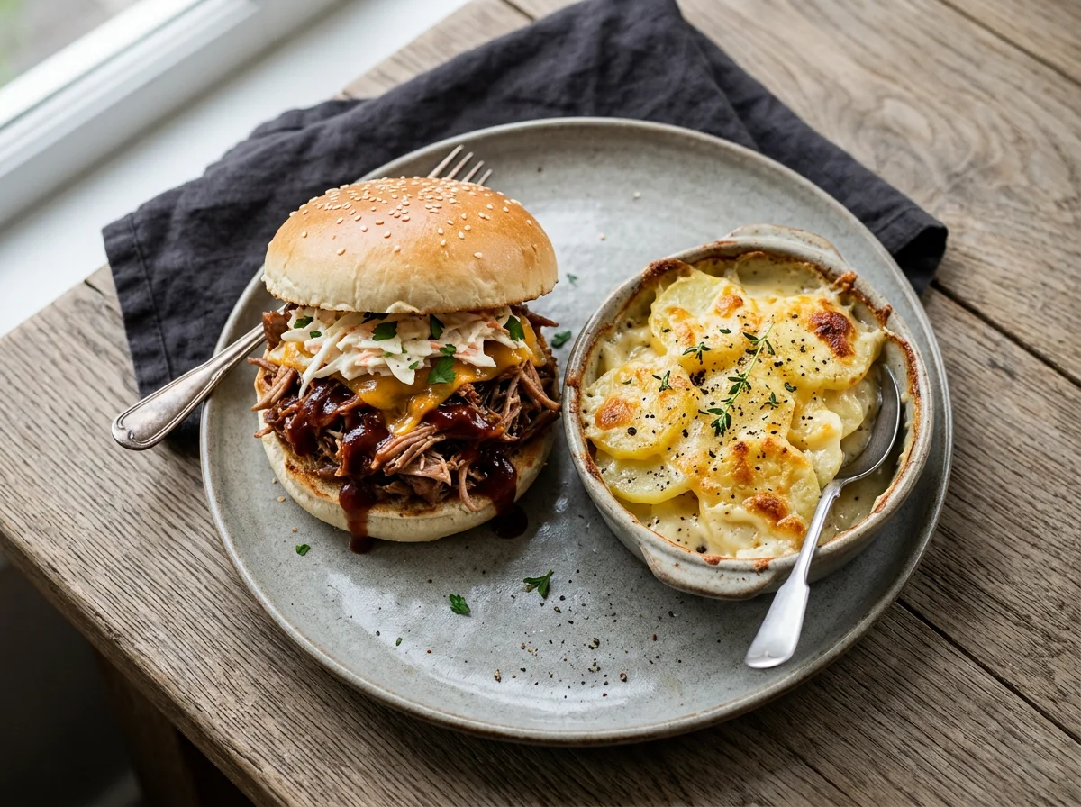 Pulled Pork Burger with Cheesy Potato Bake photo