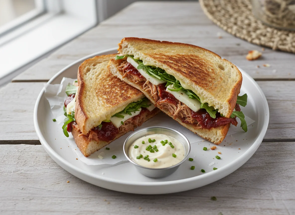 Pulled Pork Panini with Arugula and Cheese photo