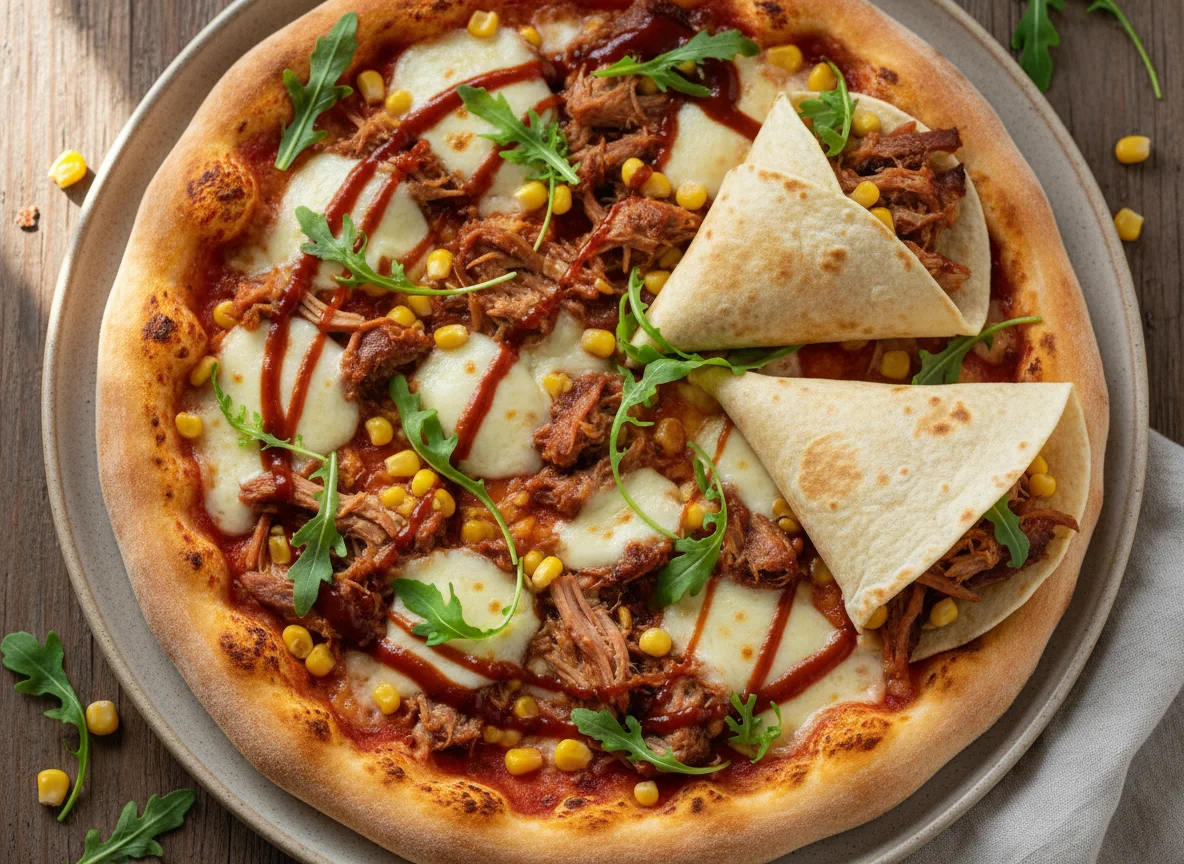 Pulled pork pizza with corn and arugula, with wraps photo