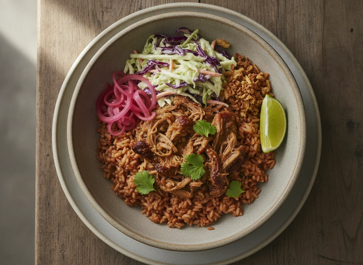 Pulled Pork Rice Bowl with Pickled Onions and Slaw photo