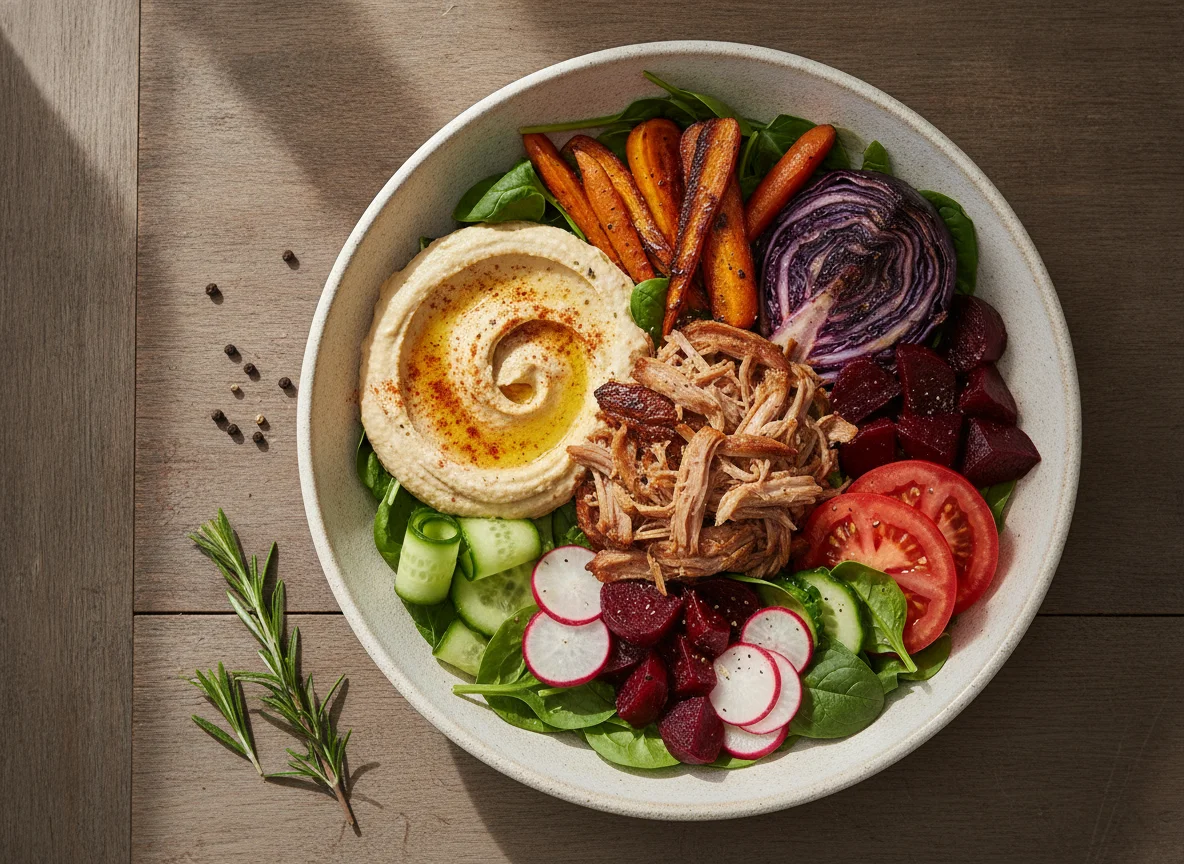 Pulled Pork Salad Bowl with Roasted Vegetables and Hummus photo