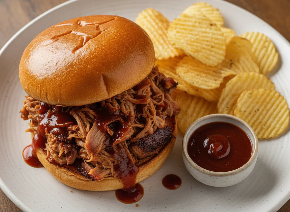 Pulled Pork Sandwich with Potato Chips photo