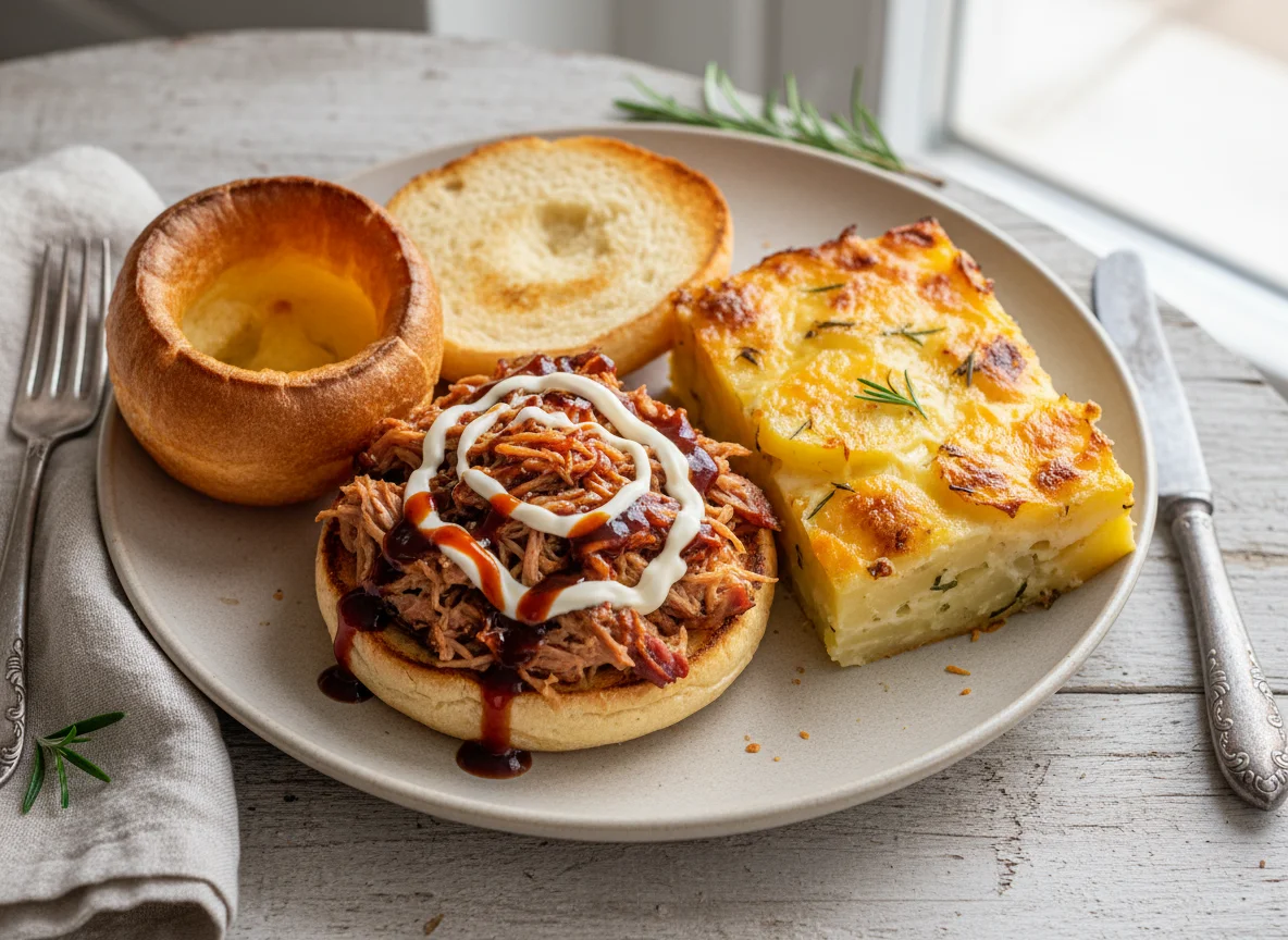 Pulled Pork Sandwich with Yorkshire Pudding and Cheesy Potato photo