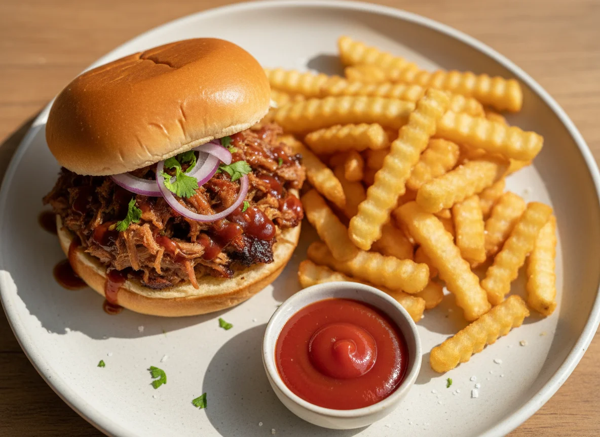 Pulled Pork Slider with Fries and Ketchup photo