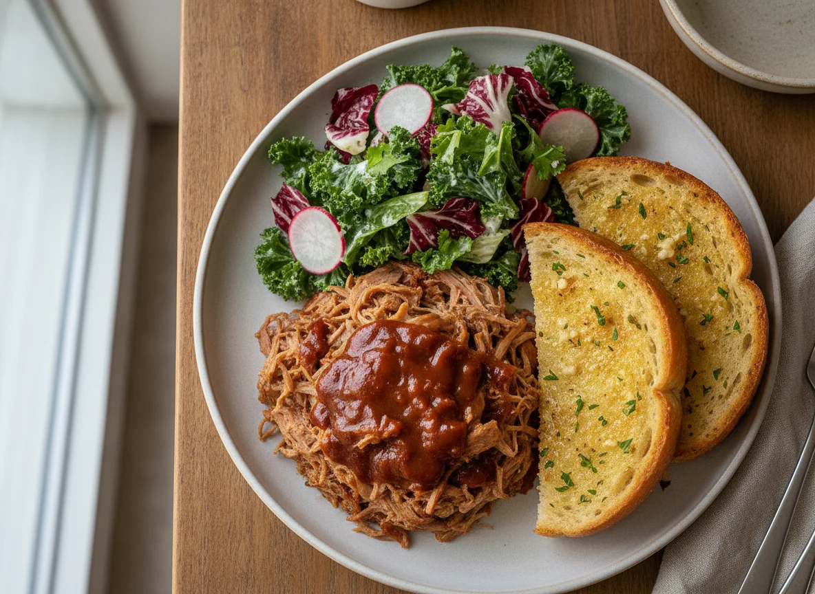 Pulled Pork with Kale Salad and Garlic Bread photo