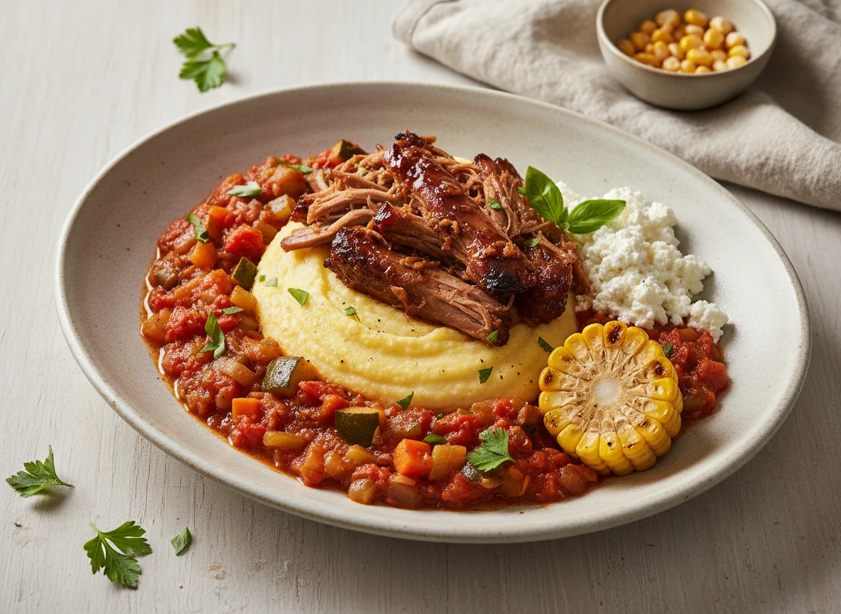 Pulled Pork with Polenta and Vegetable Stew photo