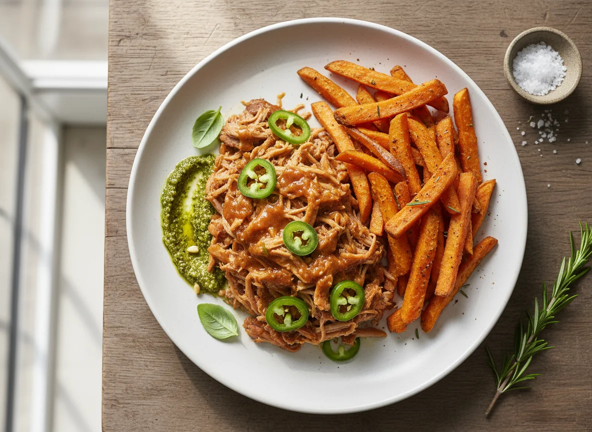 Pulled Pork with Sweet Potato Fries and Pesto photo
