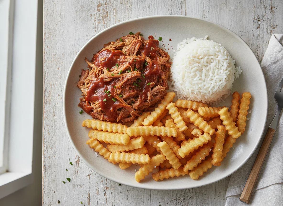 Pulled Pork with White Rice and Crinkle Cut Fries photo