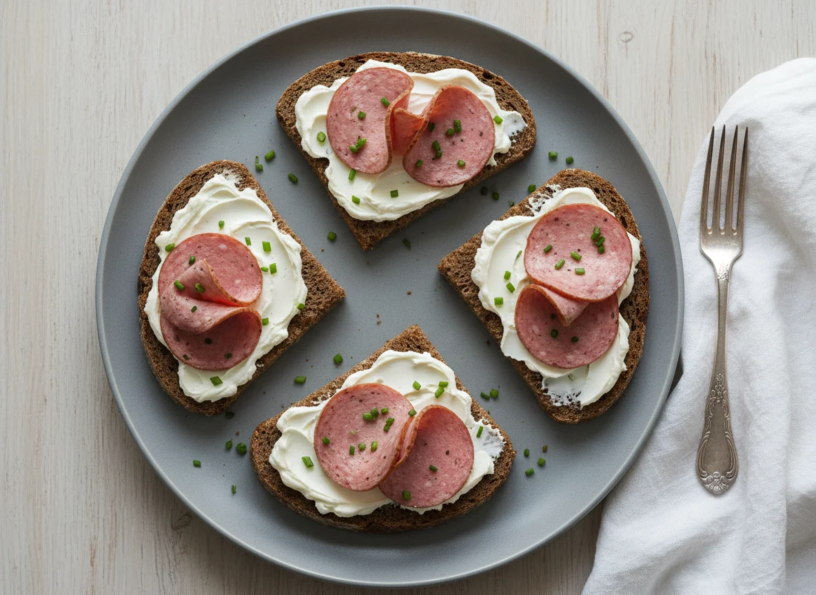 Pumpernickel with cream cheese and bologna photo