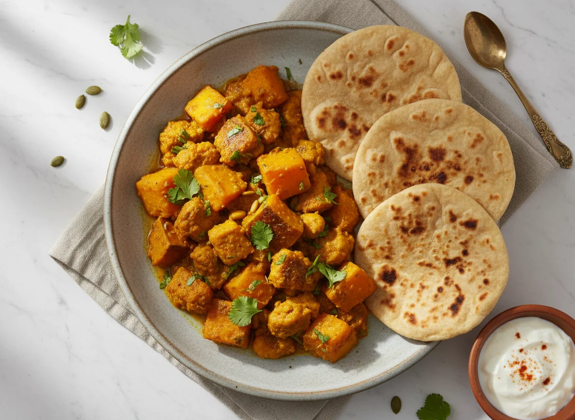 Pumpkin and Soy Chunks Curry with Roti photo