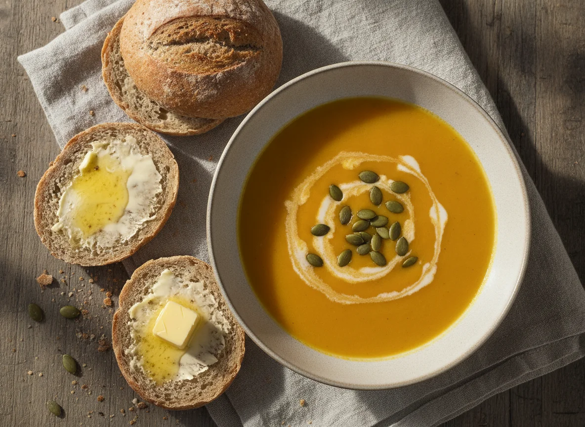 Pumpkin soup with buttered bread rolls photo