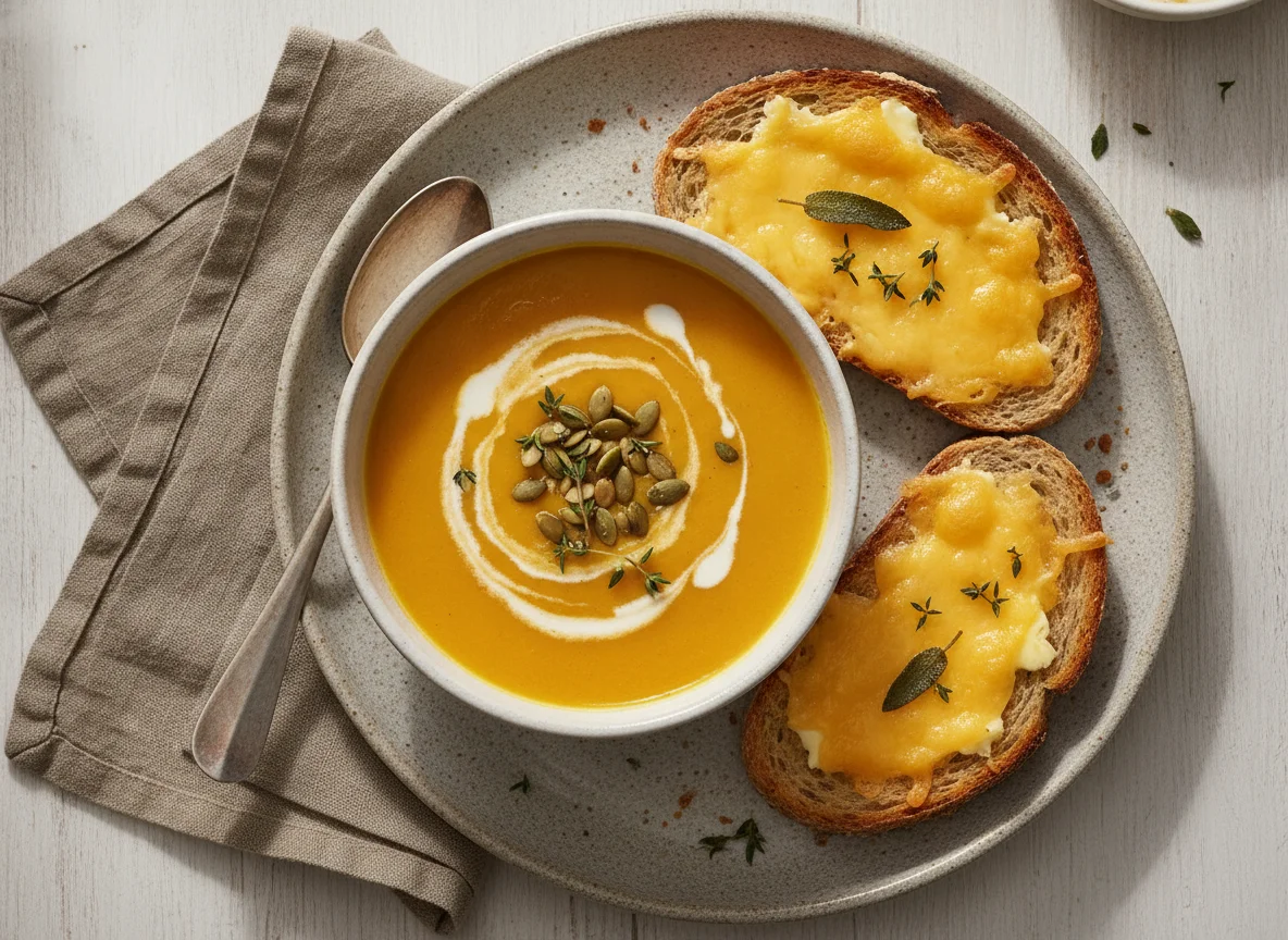 Pumpkin soup with cheese on toast photo