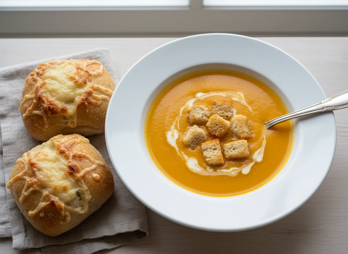 Pumpkin Soup with Croutons and Cheese-topped Rolls photo