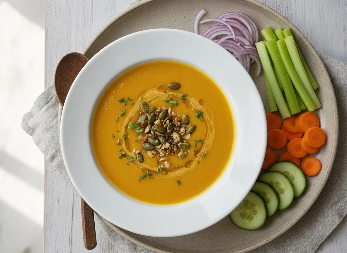 Pumpkin soup with seeds and side vegetables photo