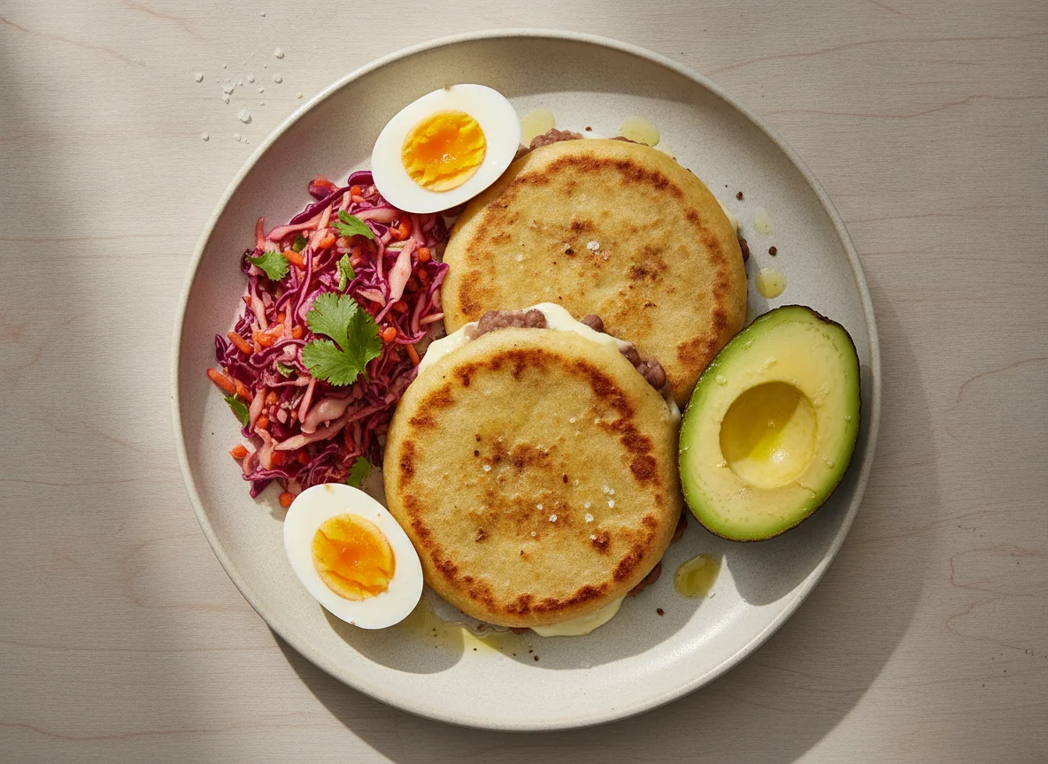 Pupusa with Curtido, Hard Boiled Eggs, and Avocado photo
