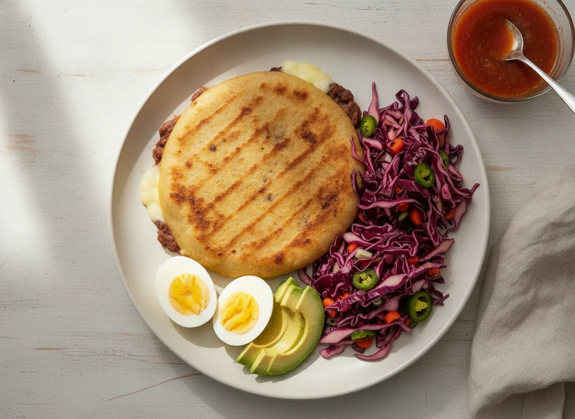 Pupusa with Hard Boiled Eggs, Avocado, and Curtido photo