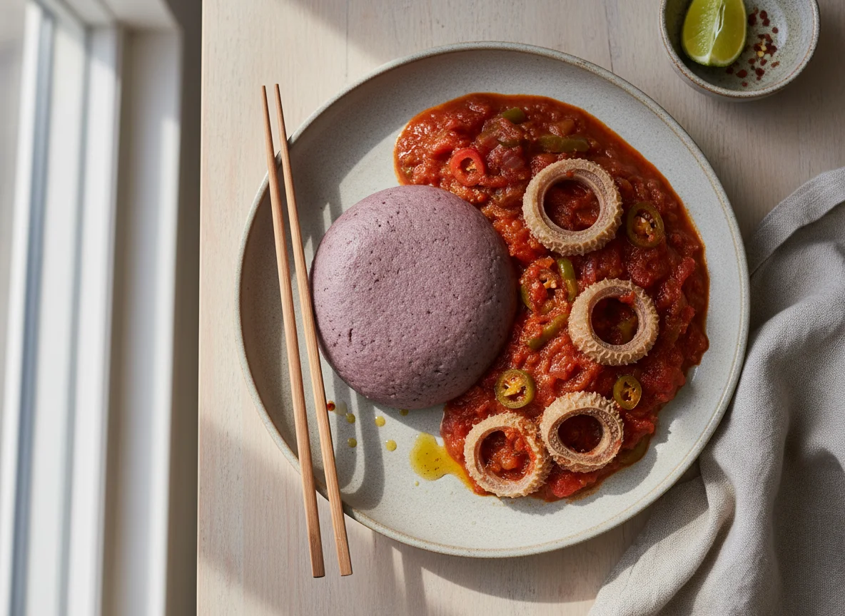 Purple Yam Fufu with Stew and Tripe photo