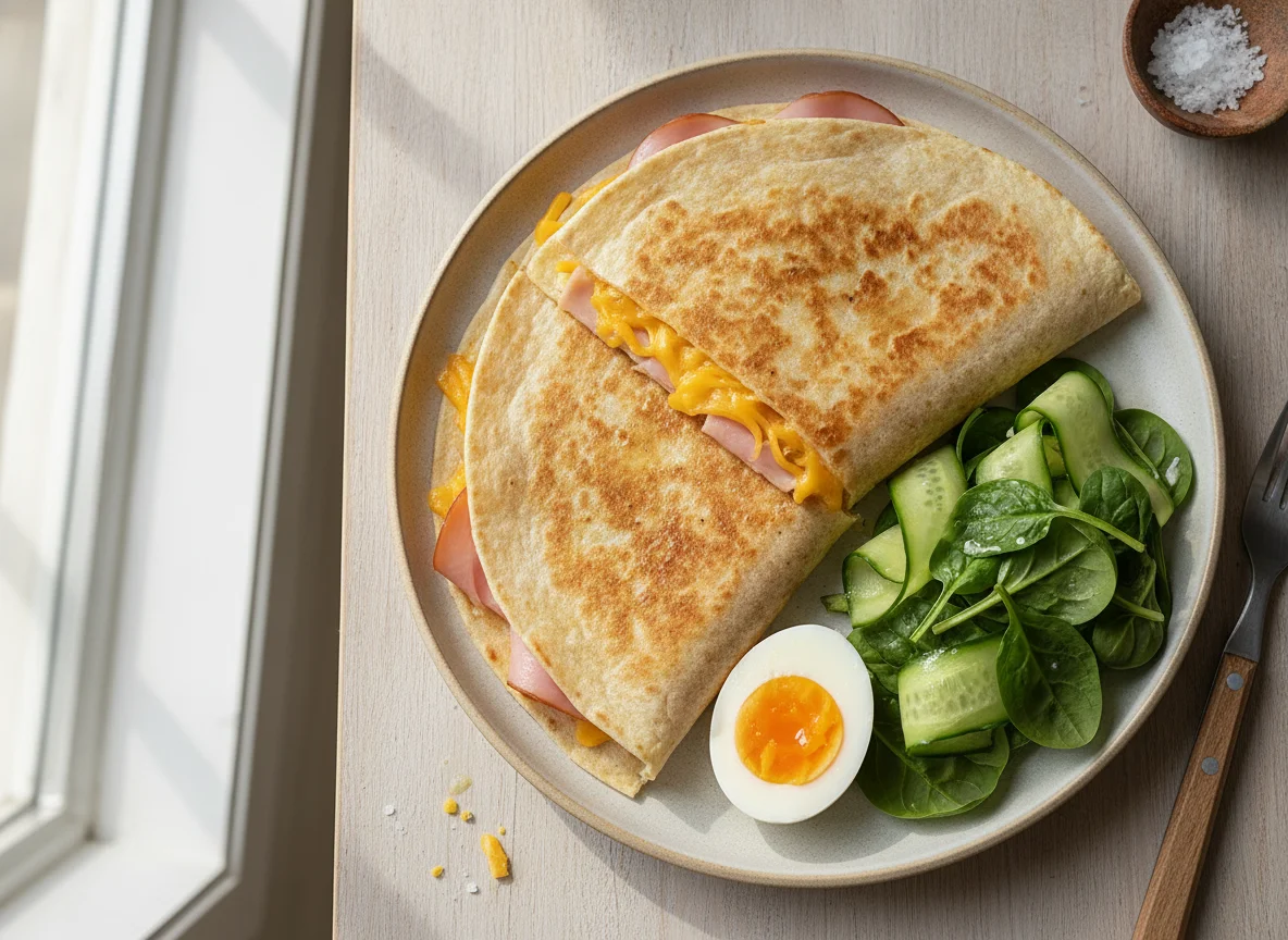Quesadilla with boiled egg and salad photo