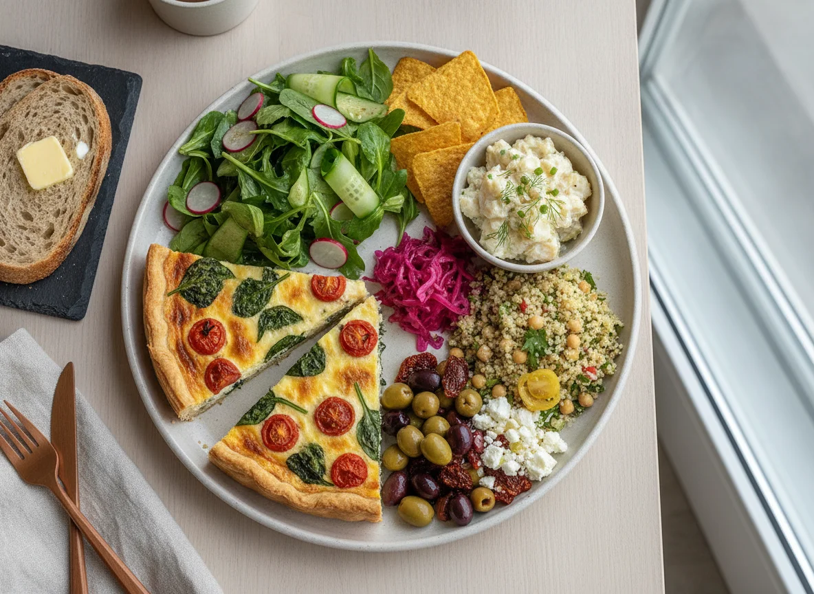 Quiche and Salad Platter with Bread and Olives photo
