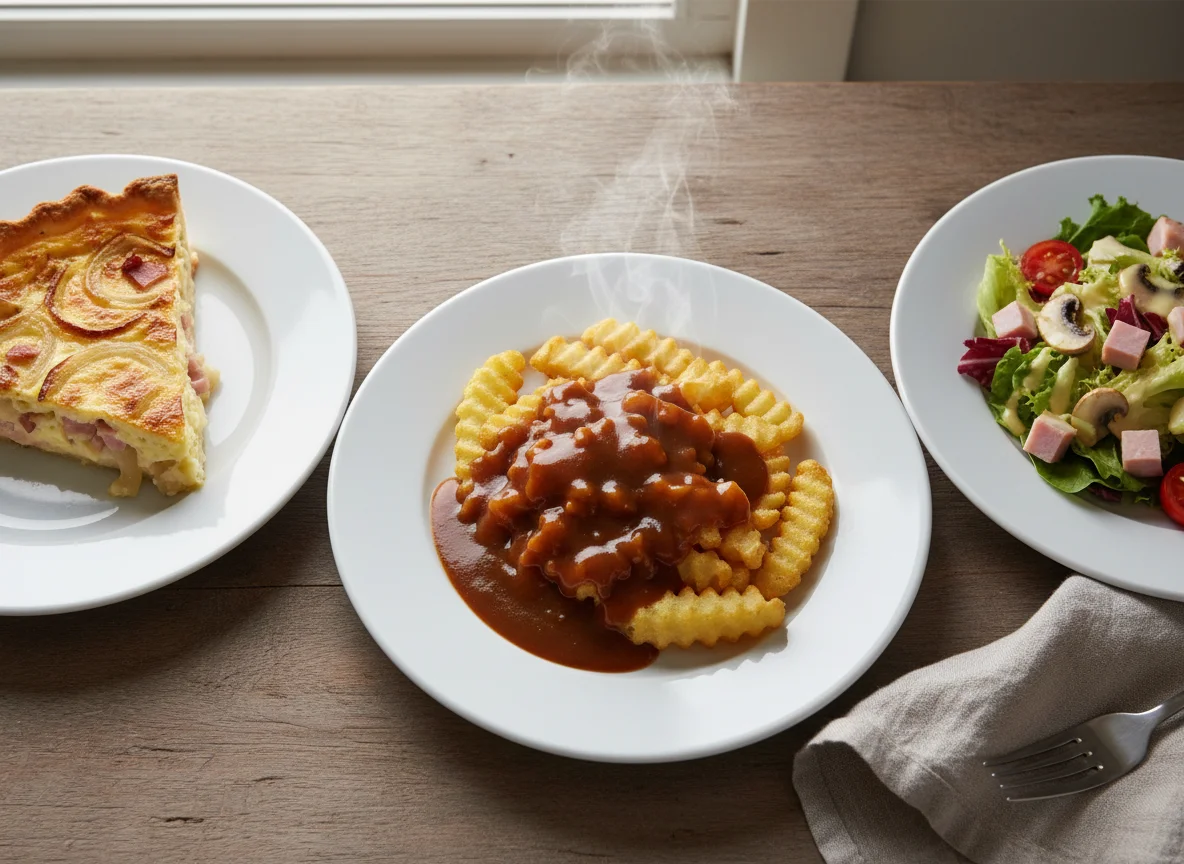 Quiche, Fries with Gravy, and Side Salad photo