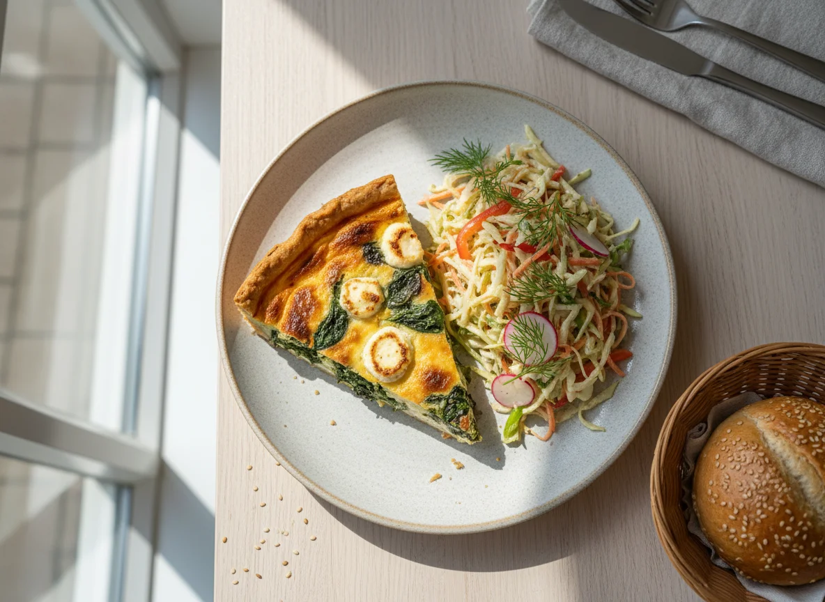 Quiche, Salad, and Bread Roll photo