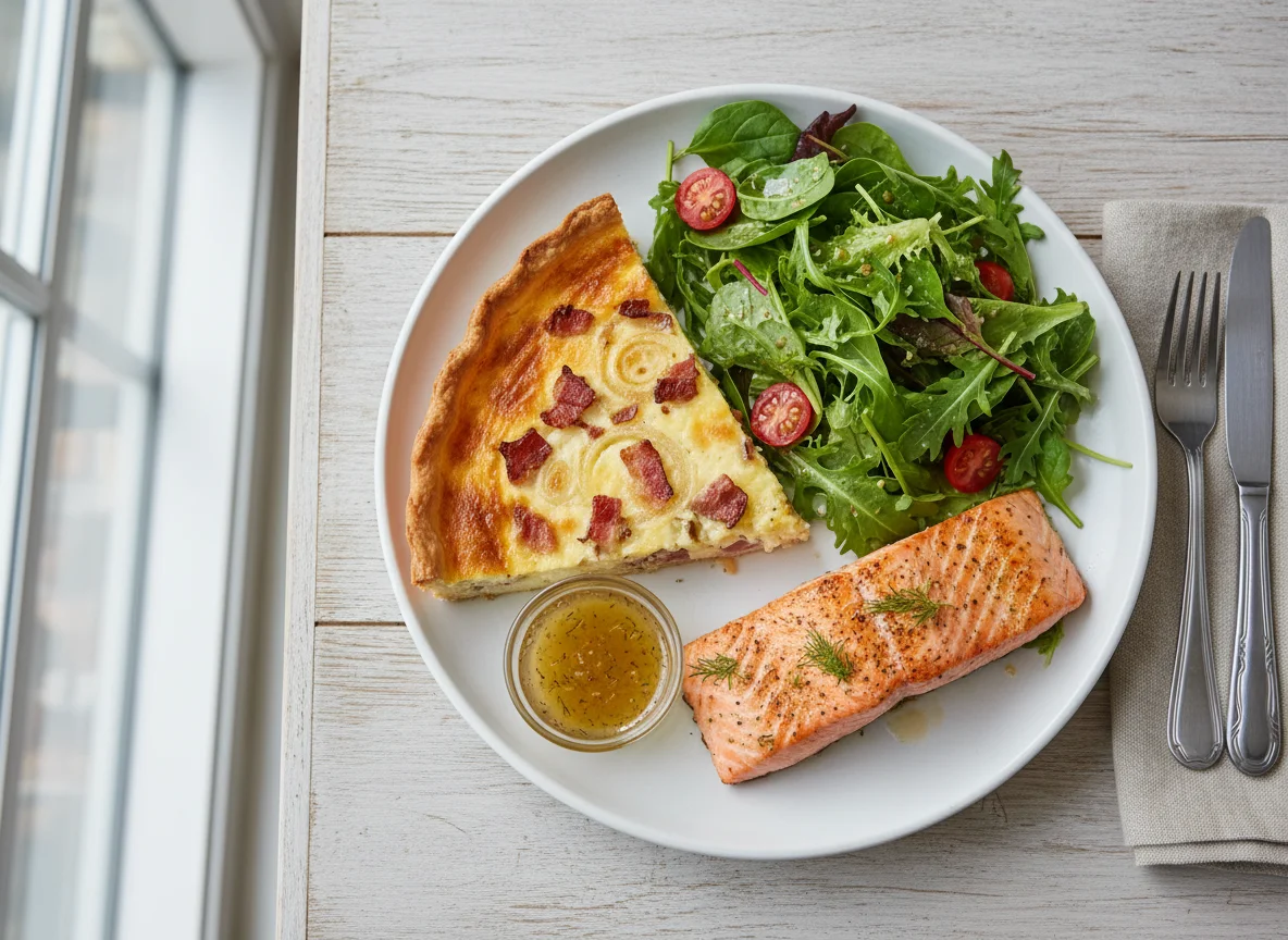Quiche, Salmon, and Salad photo