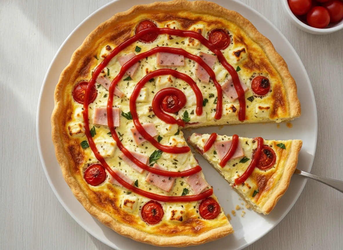 Quiche with feta, chicken ham and tomatoes photo