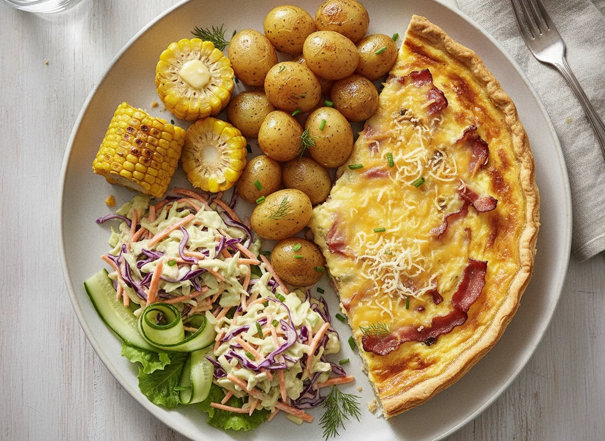 Quiche with New Potatoes, Corn on the Cob, and Coleslaw photo