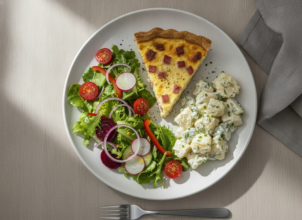 Quiche with Potato Salad and Mixed Garden Salad photo