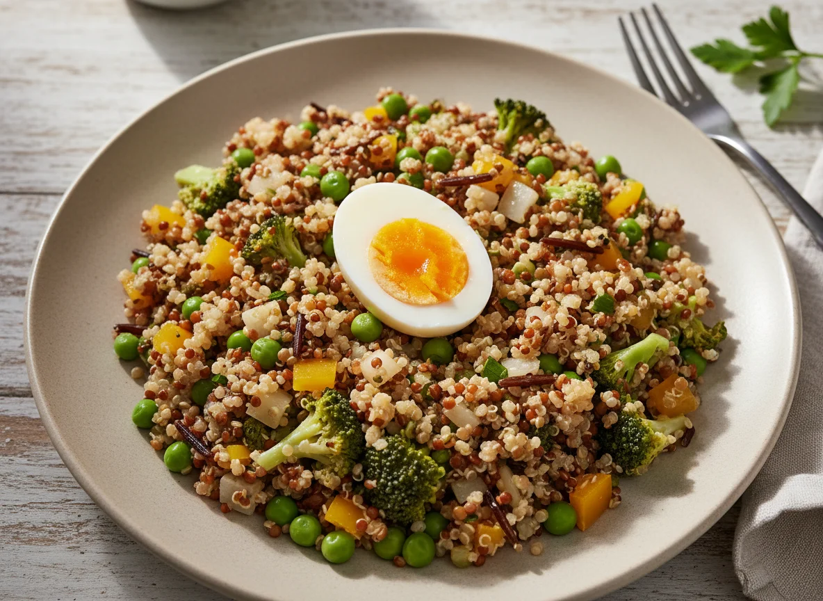Quinoa and Lentil Salad with Vegetables and Egg photo