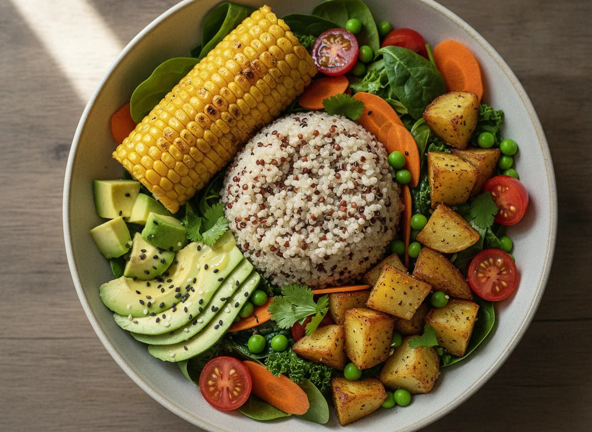 Quinoa bowl with corn, avocado, and vegetables photo