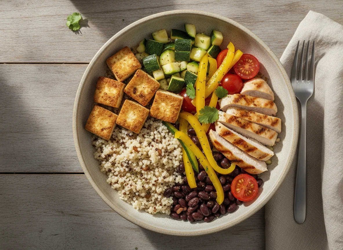 Quinoa Bowl with Fried Tofu and Chicken photo