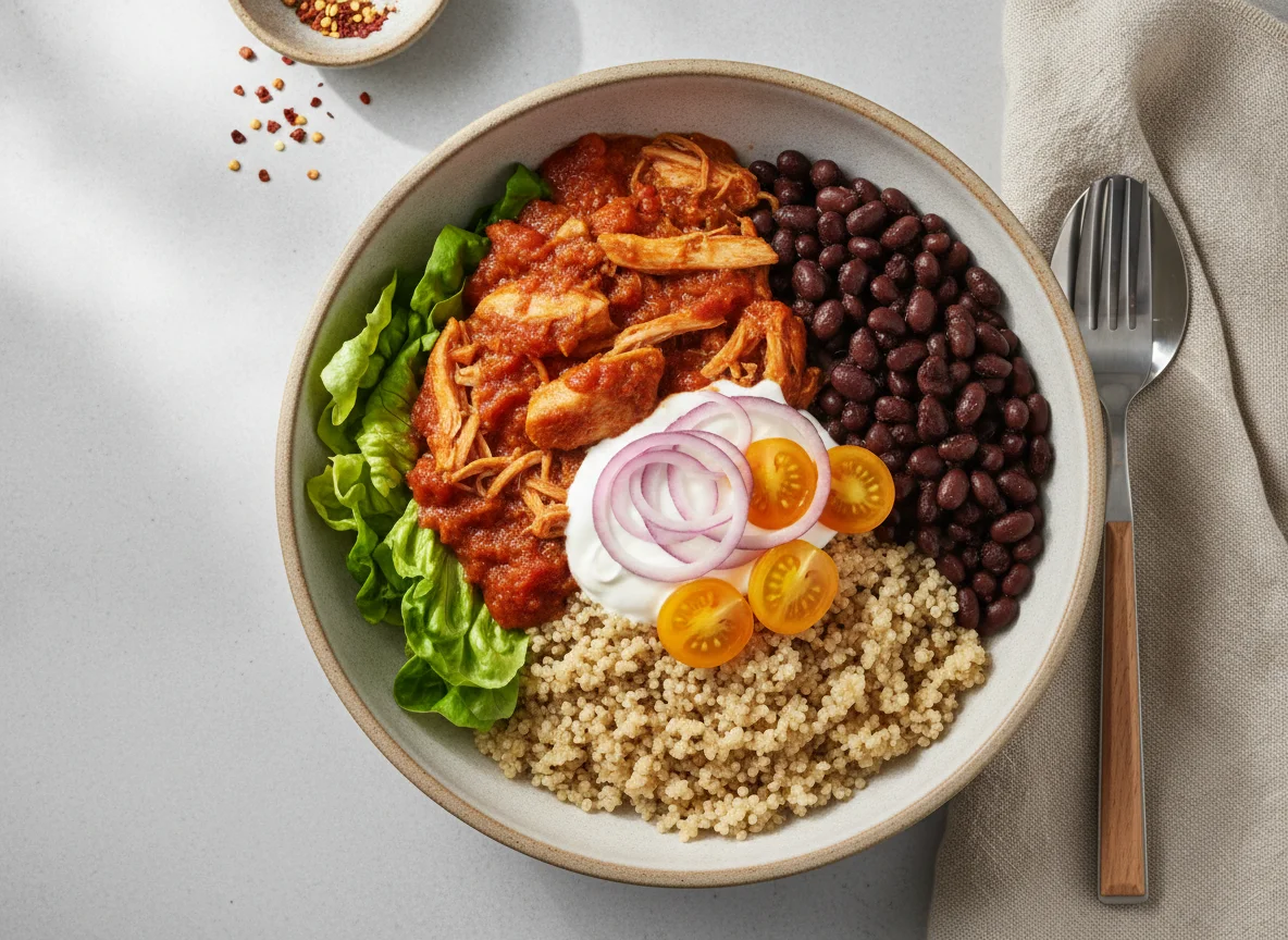 Quinoa bowl with pulled chicken and black beans photo