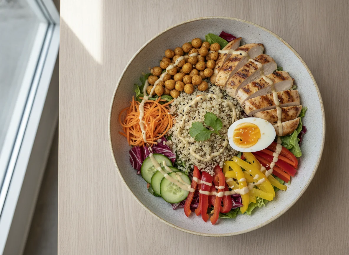 Quinoa Chicken Salad Bowl with Hardboiled Egg photo