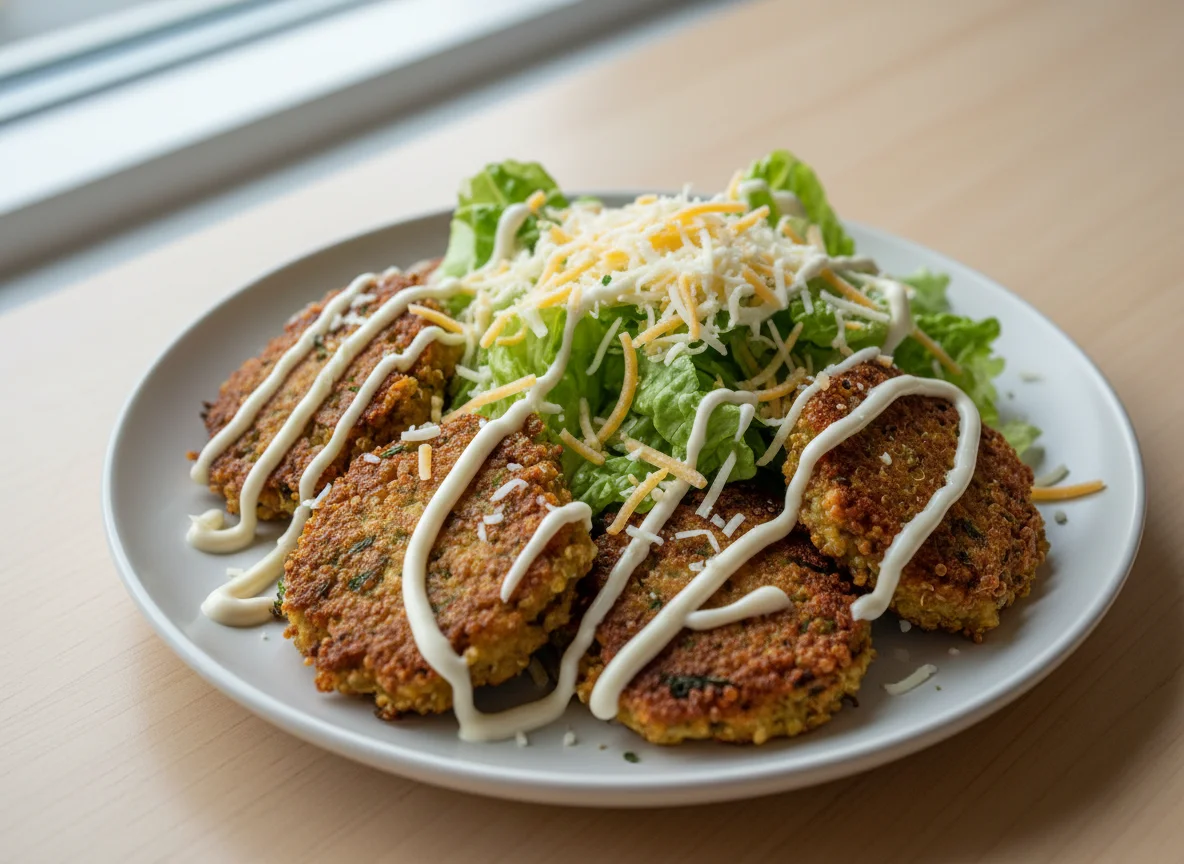 Quinoa Fritters with Lettuce, Cheese, and Sauce photo
