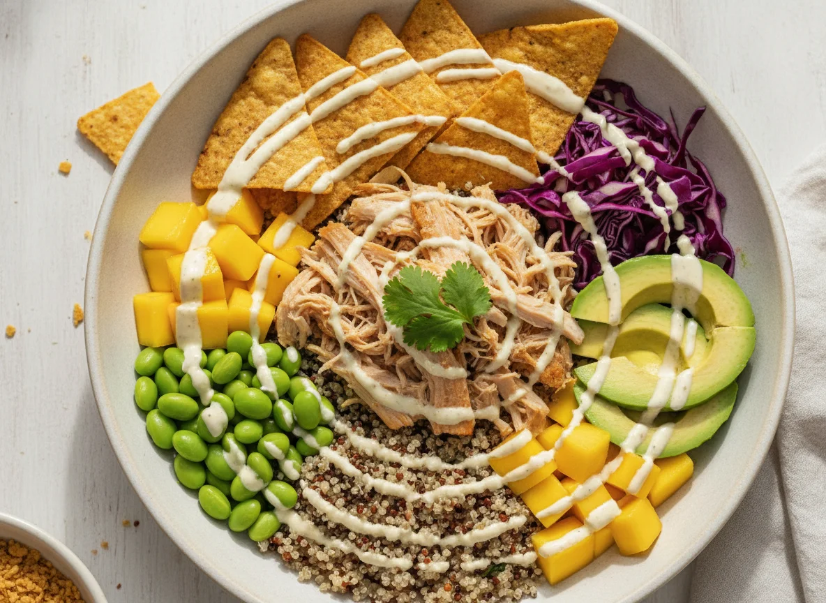 Quinoa Poke Bowl with Pulled Chicken and Nachos photo