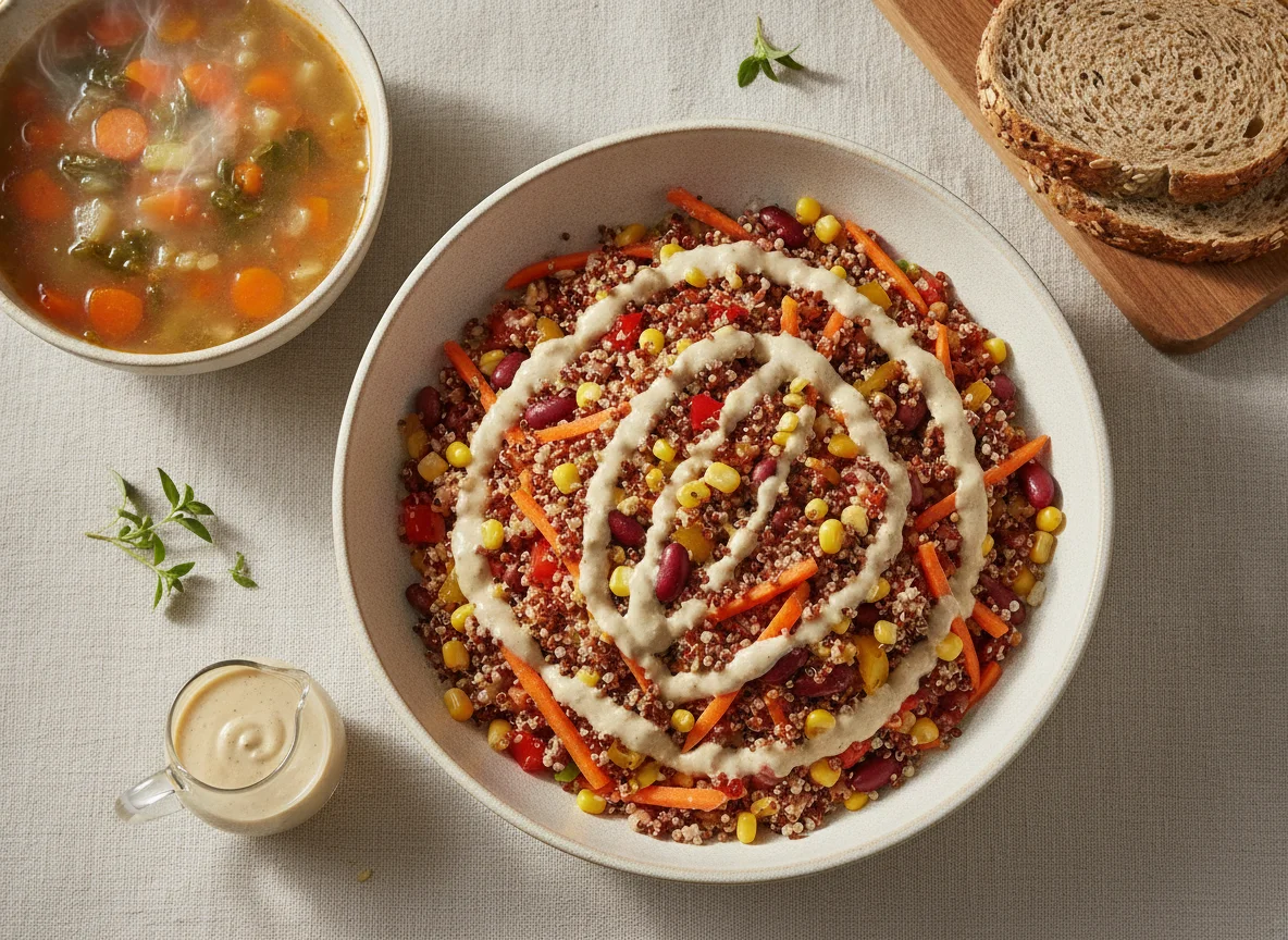 Quinoa Salad Bowl with Vegetable Soup and Bread photo