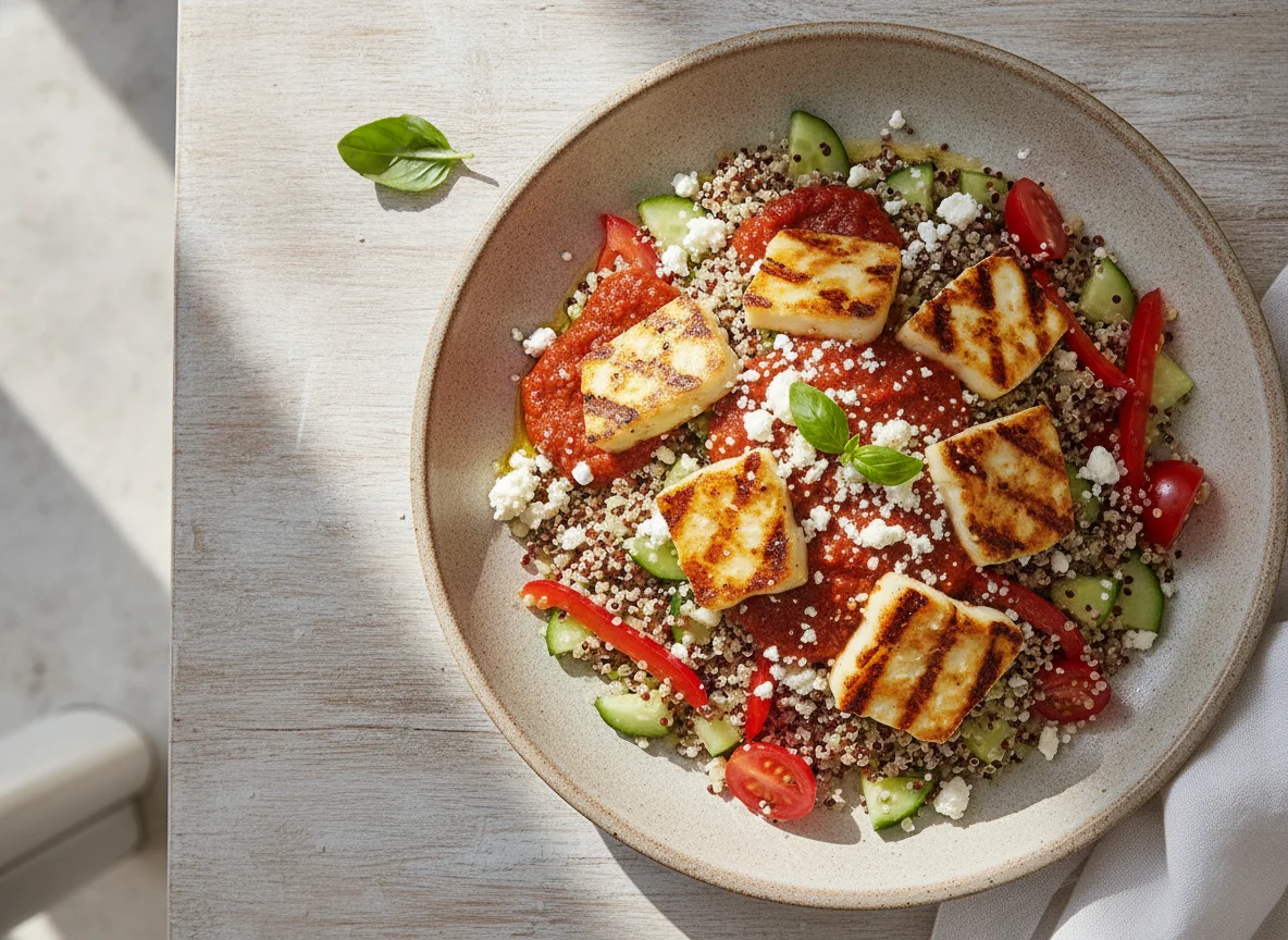 Quinoa Salad with Grilled Halloumi and Marinara Sauce photo