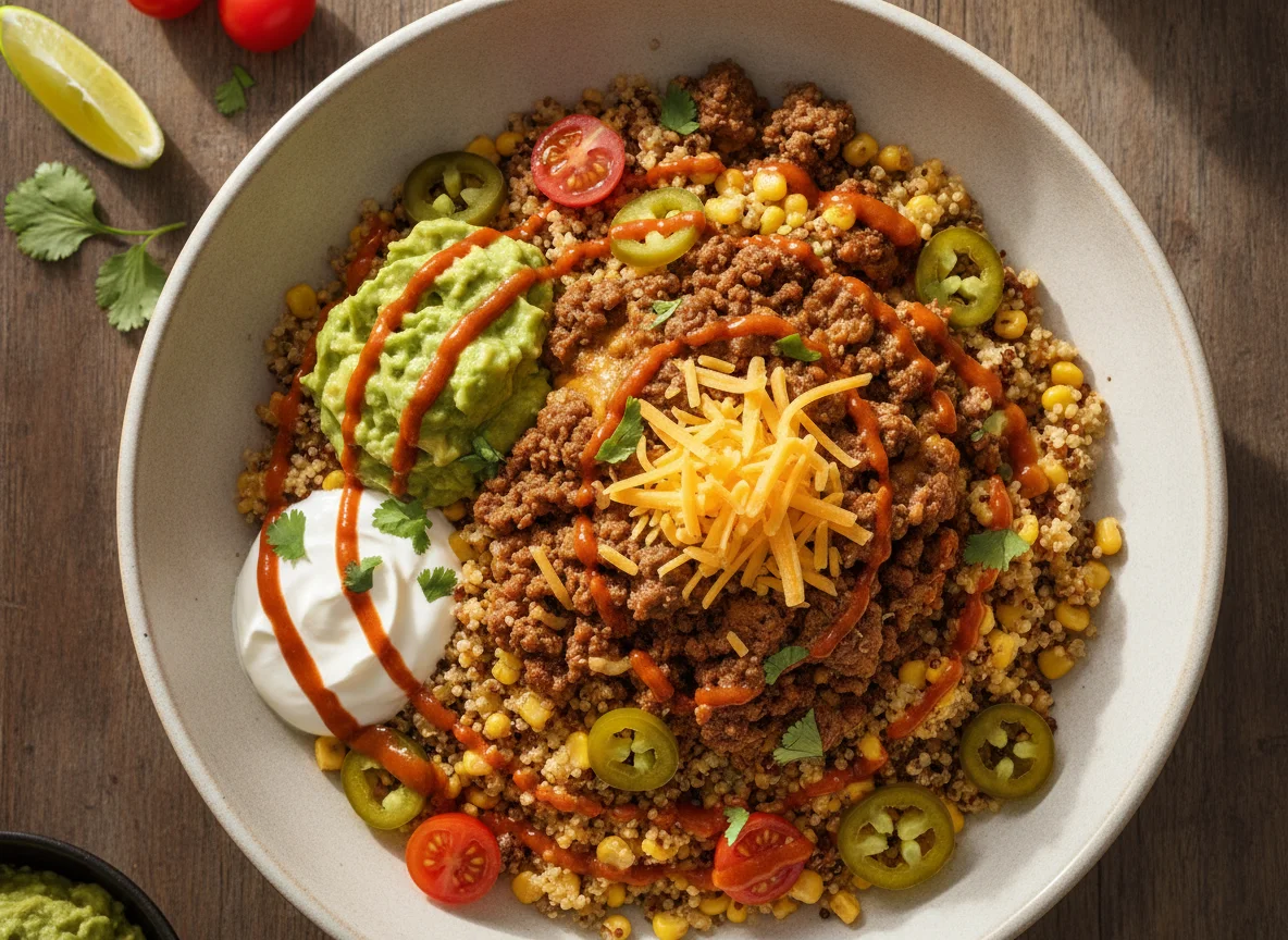 Quinoa with corn and beef bowl photo