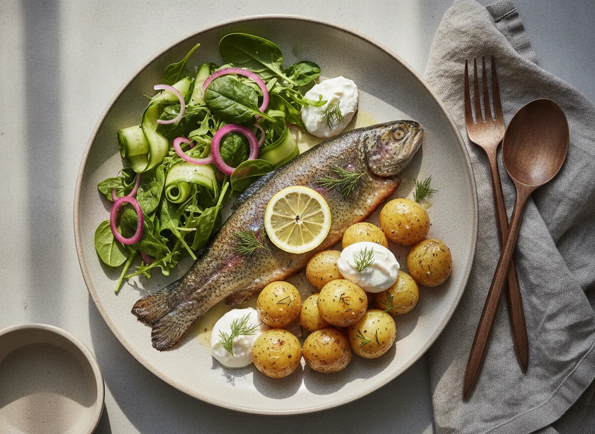 Rainbow Trout with Baby Potatoes and Salad photo