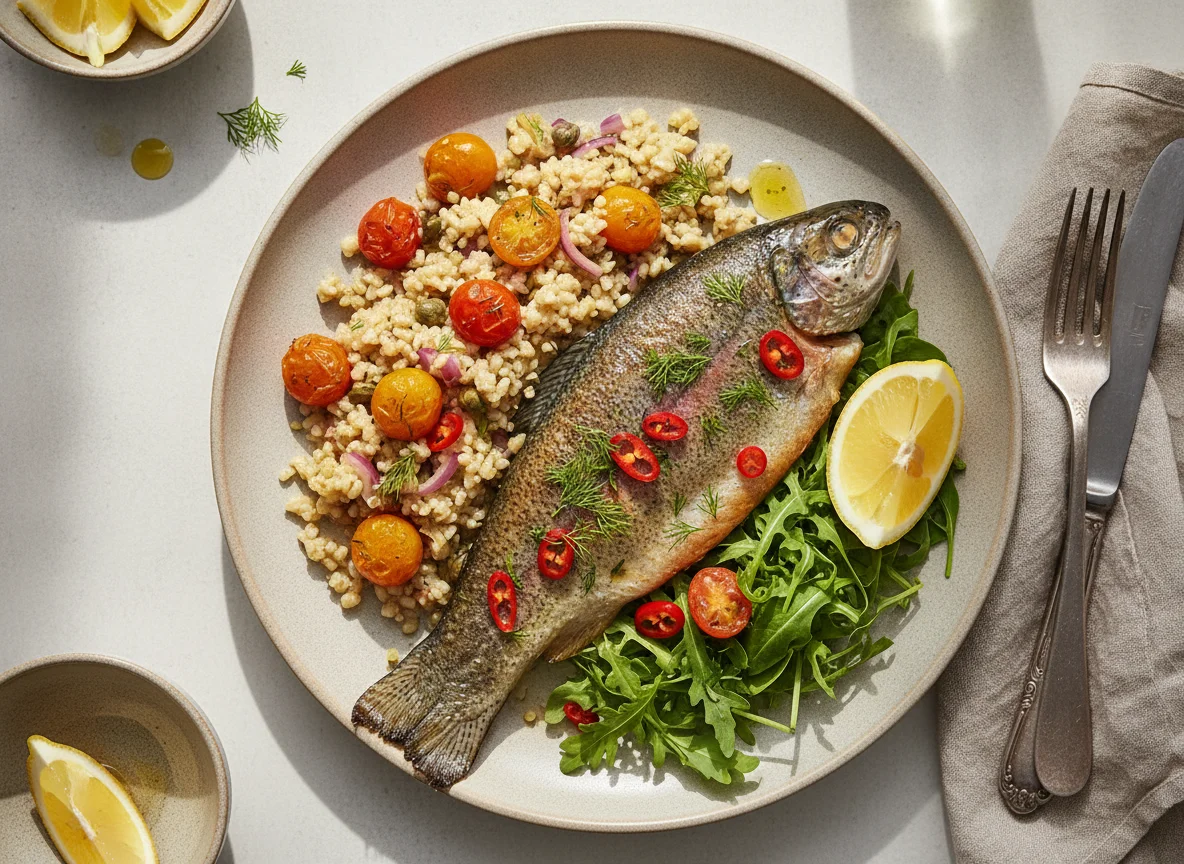 Rainbow Trout with Bulgur Wheat and Blistered Tomatoes photo