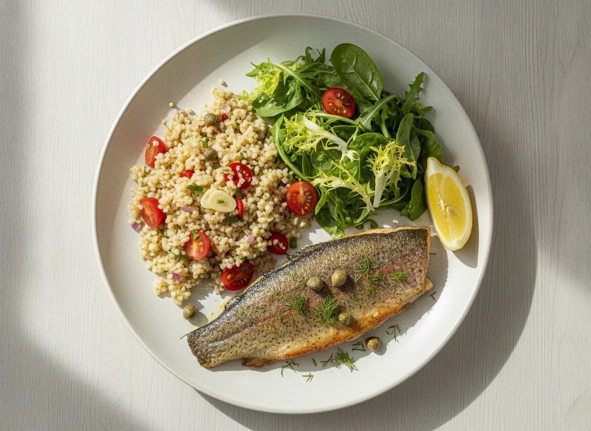 Rainbow Trout with Bulgur Wheat and Salad photo