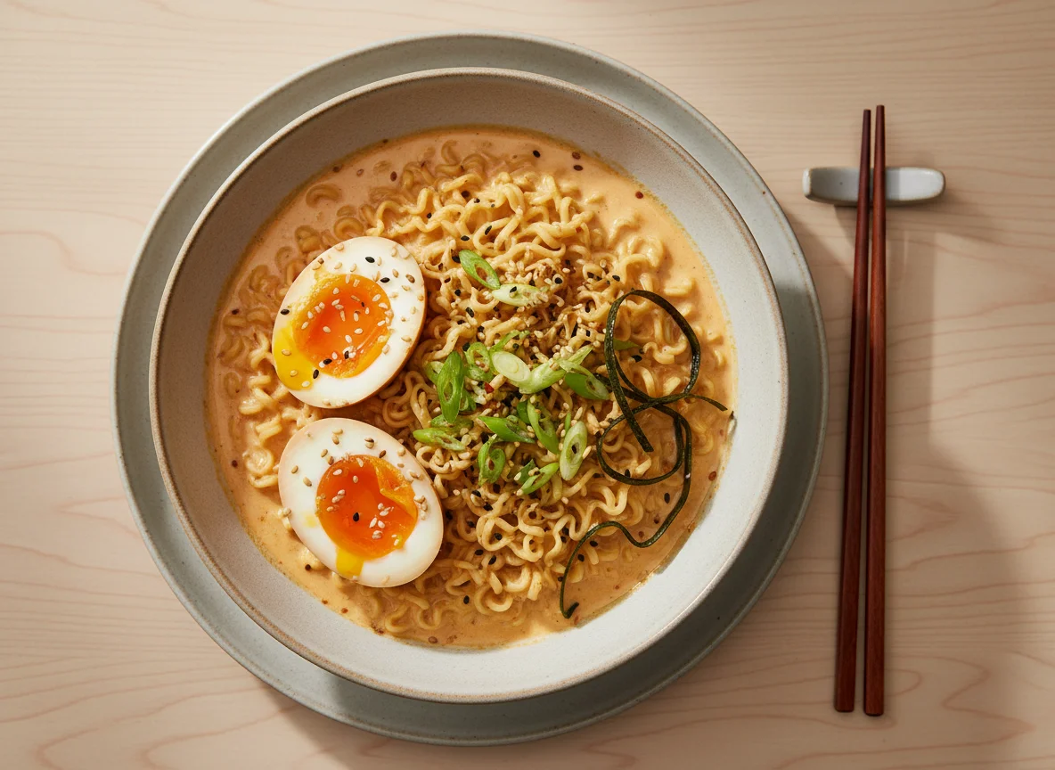 Ramen with Boiled Eggs and Creamy Sauce photo