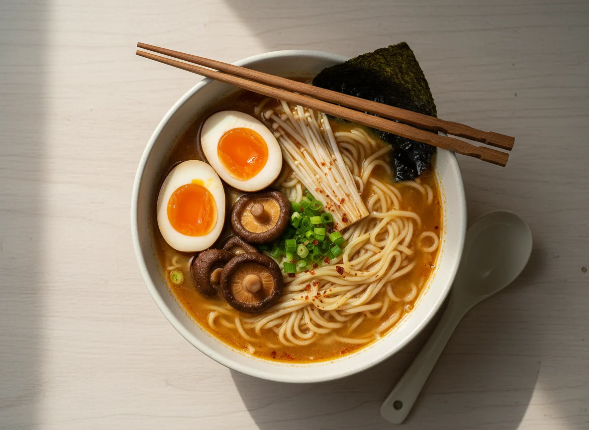 Ramen with Boiled Eggs and Mushrooms photo