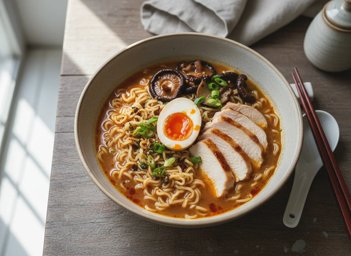 Ramen with Egg, Chicken, and Mushrooms photo