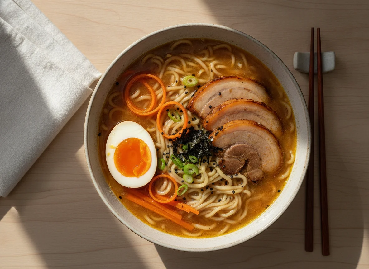 Ramen with Pork, Egg, and Carrots photo